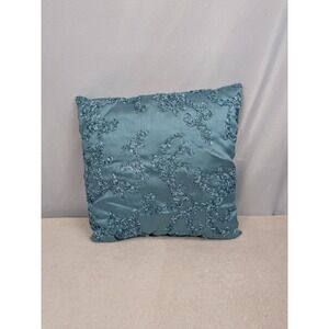 Decorative Throw Pillow 17" Teal Blue Satin Ruffle Ribbon Textured Accent Boho